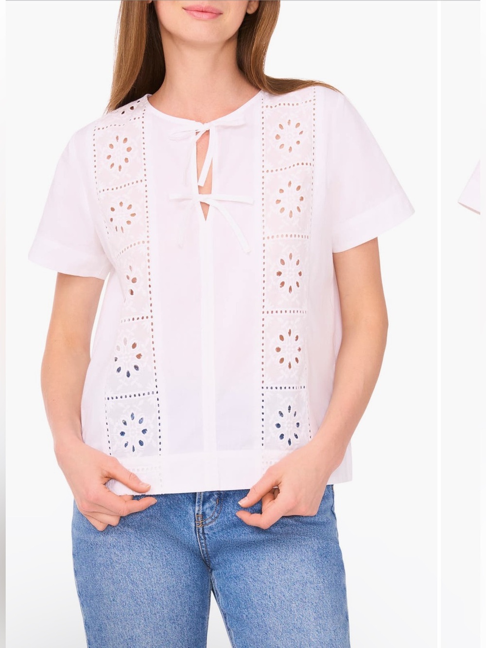 CeCe White Eyelet Embroidered Tie Neck Cotton Top XL